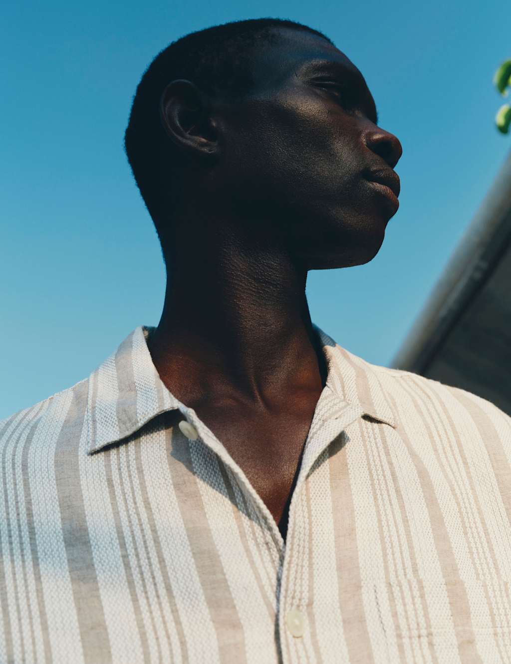 M&S Men's Linen Rich Striped Short Sleeve Shirt - L - Natural Mix