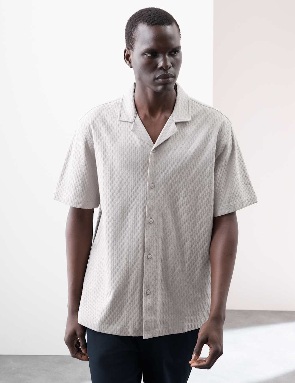 Autograph Pure Cotton Textured Jersey Oxford Shirt Light Grey