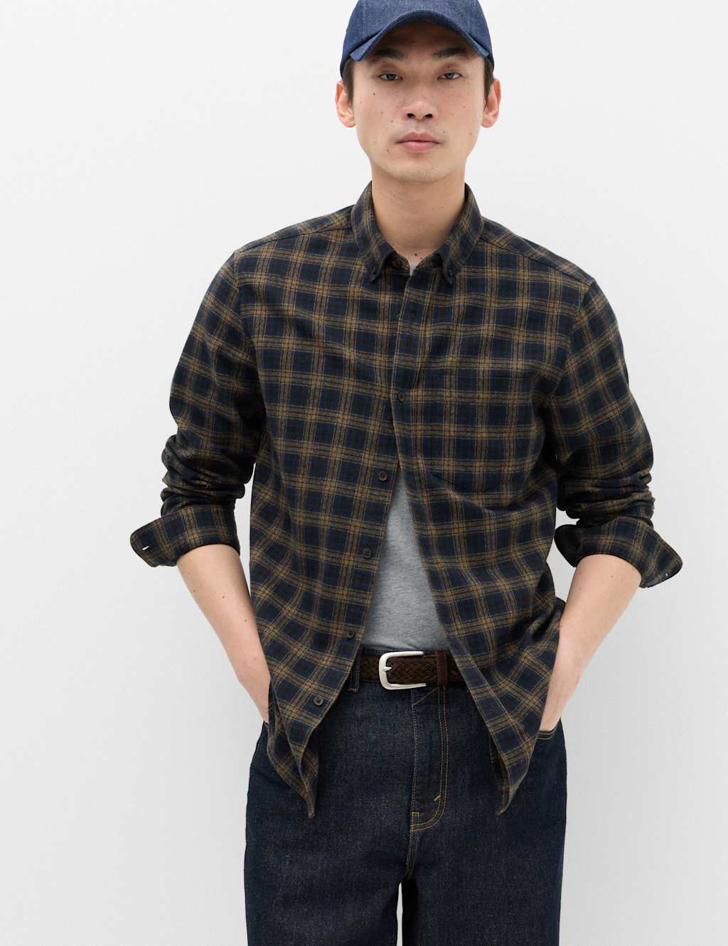 M&S Men's Pure Cotton Flannel Shirt - S - Navy Mix