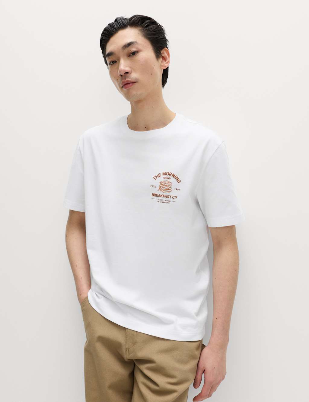 M&S Men's Pure Cotton Morning Grind Graphic T-Shirt - S - White
