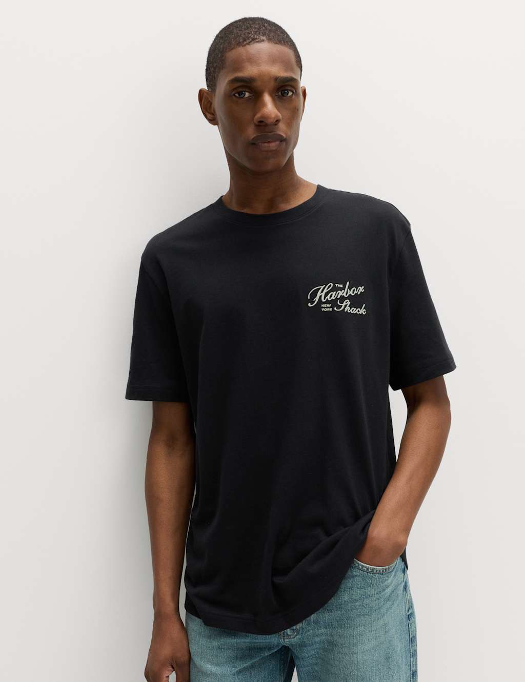 M&S Men's Pure Cotton Harbor Shack Graphic T-Shirt - XL - Black