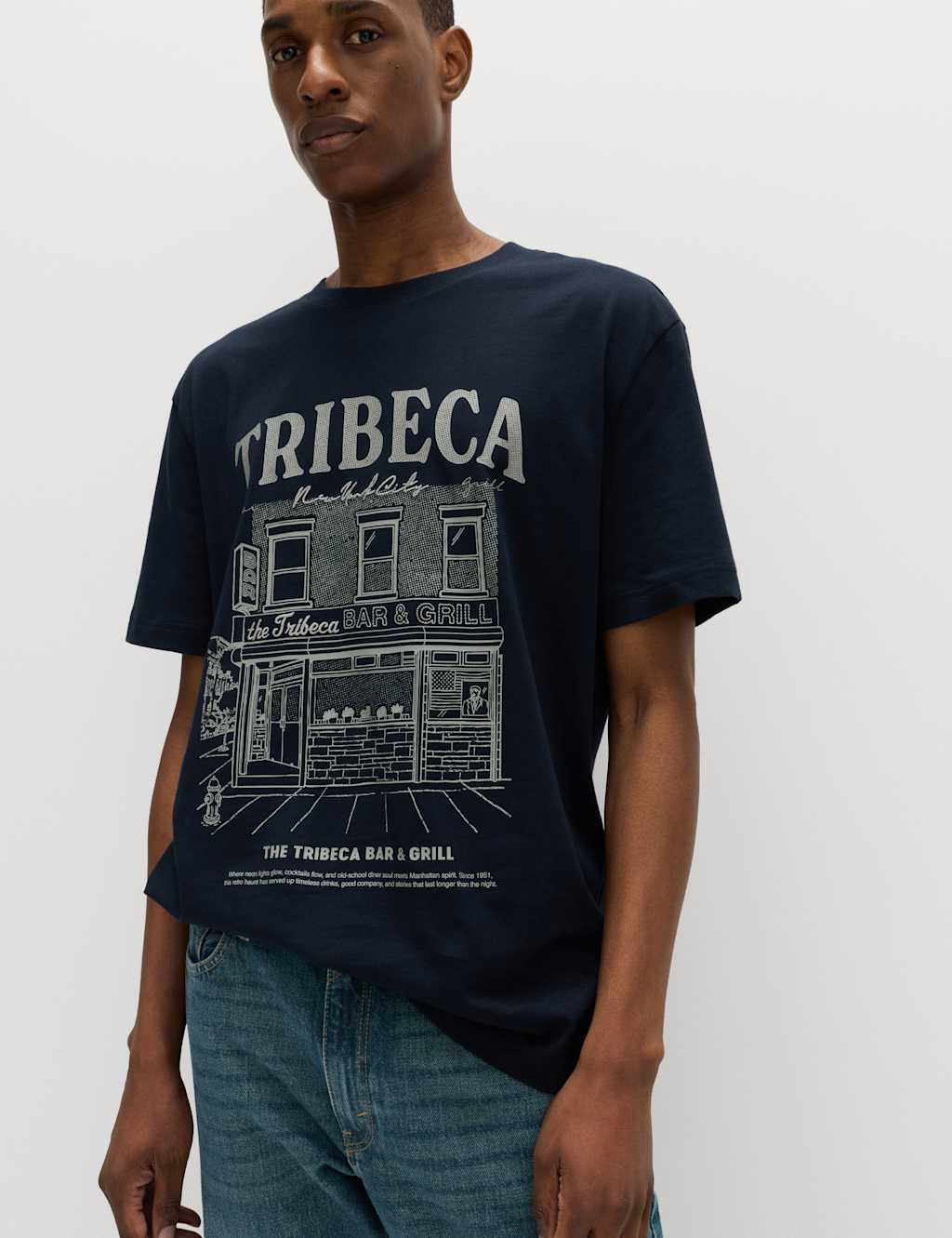 M&S Men's Pure Cotton Tribeca Graphic T-Shirt - S - Navy
