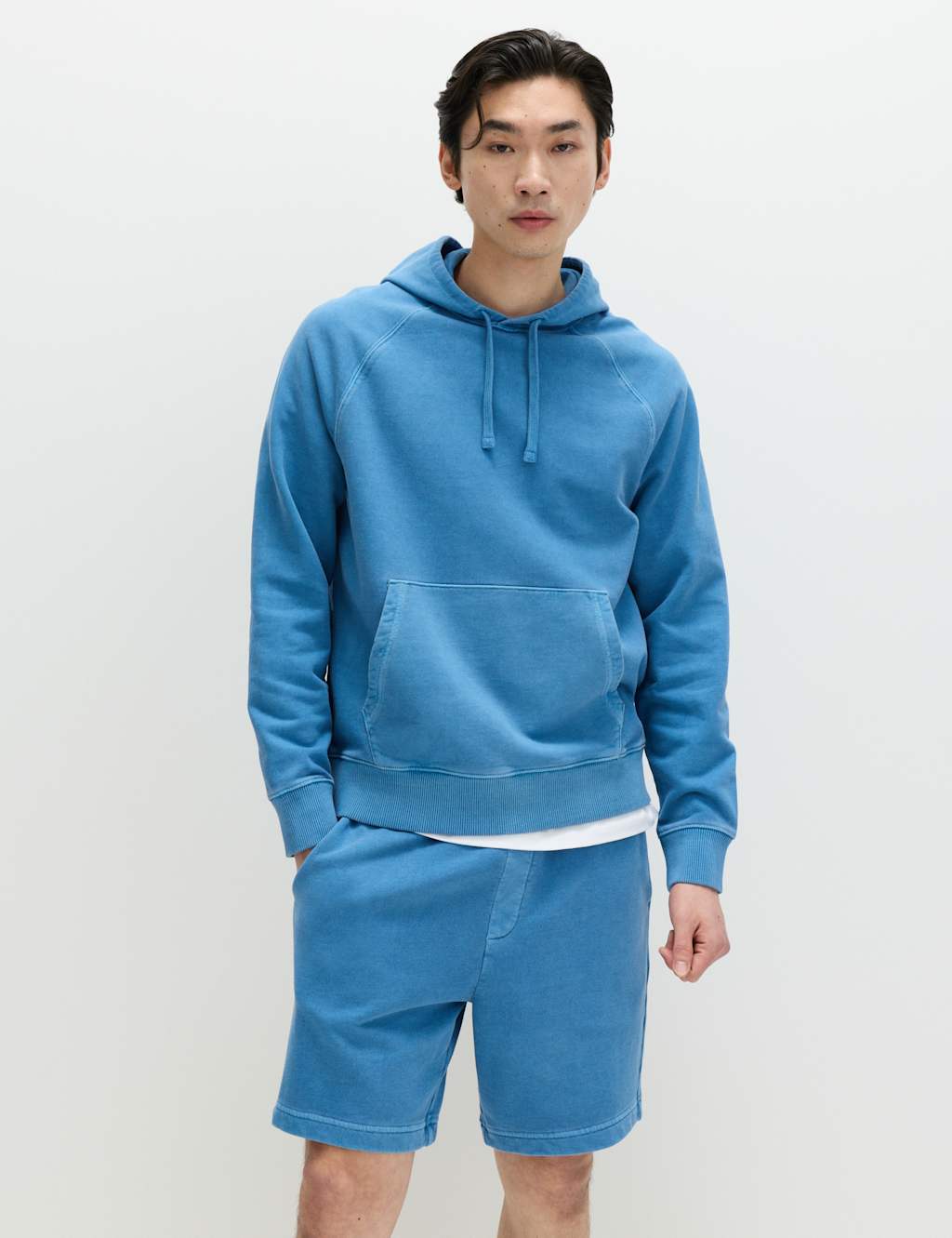 M&S Men's Pure Cotton Garment Dyed Hoodie - XL - Azure Blue