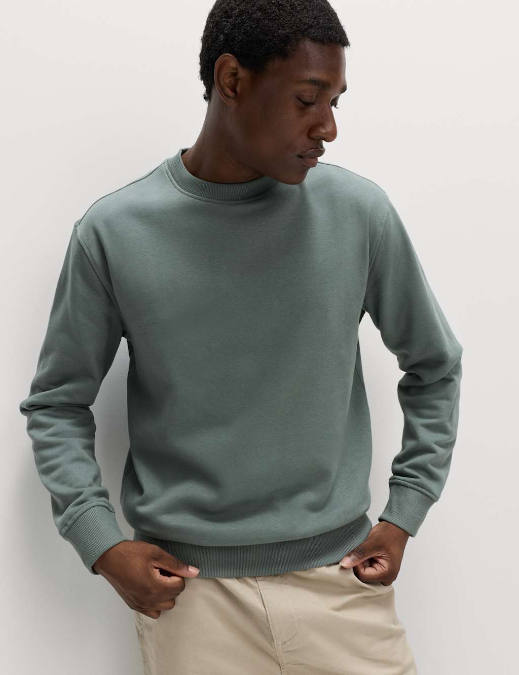 M&S Cotton Rich Relaxed Fit Crew Neck Sweatshirt Dark Sage