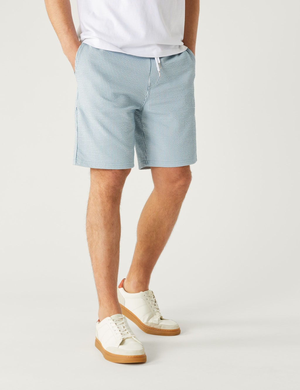 M&S Striped Drawstring Jersey Shorts Light Duck Egg
