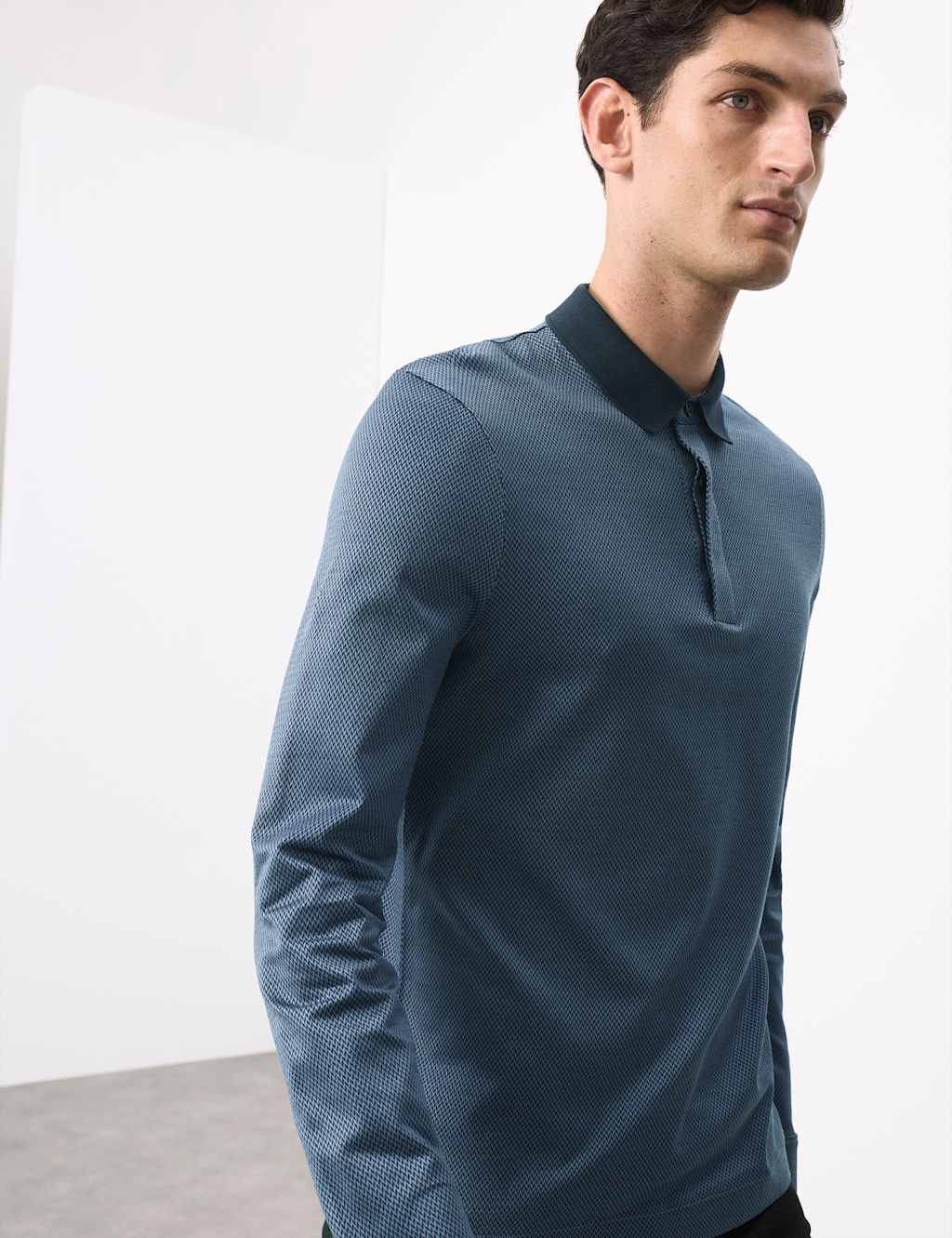 Autograph Pure Cotton Textured Long Sleeve Polo Shirt Mid Blue