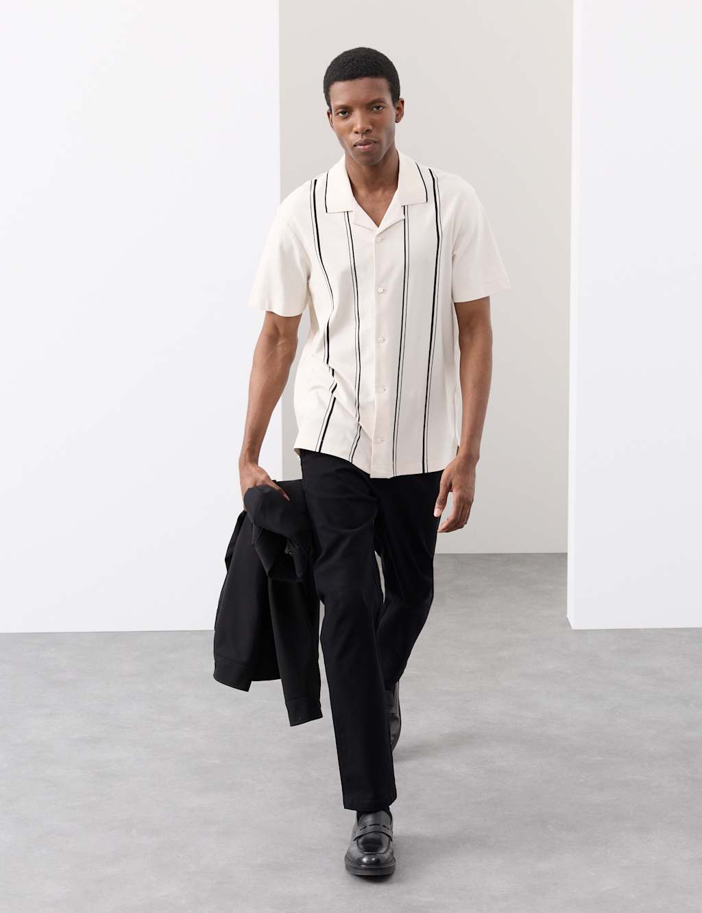 Autograph Cotton Rich Striped Revere Polo Shirt Pale Opaline