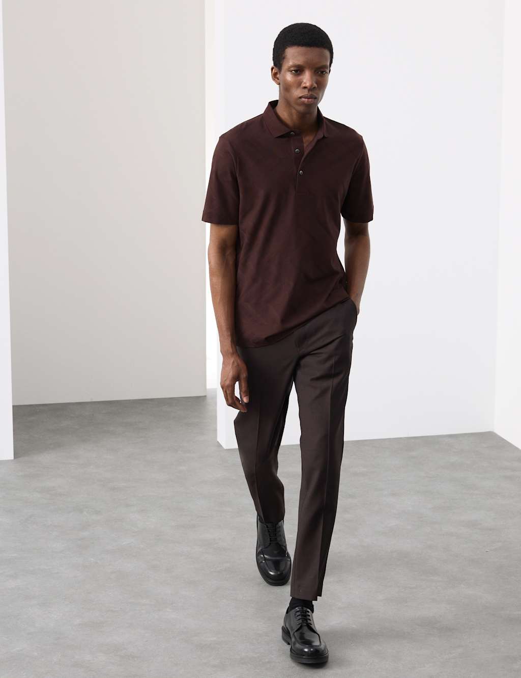 Autograph Pure Cotton Geometric Print Polo Shirt Dark Chocolate