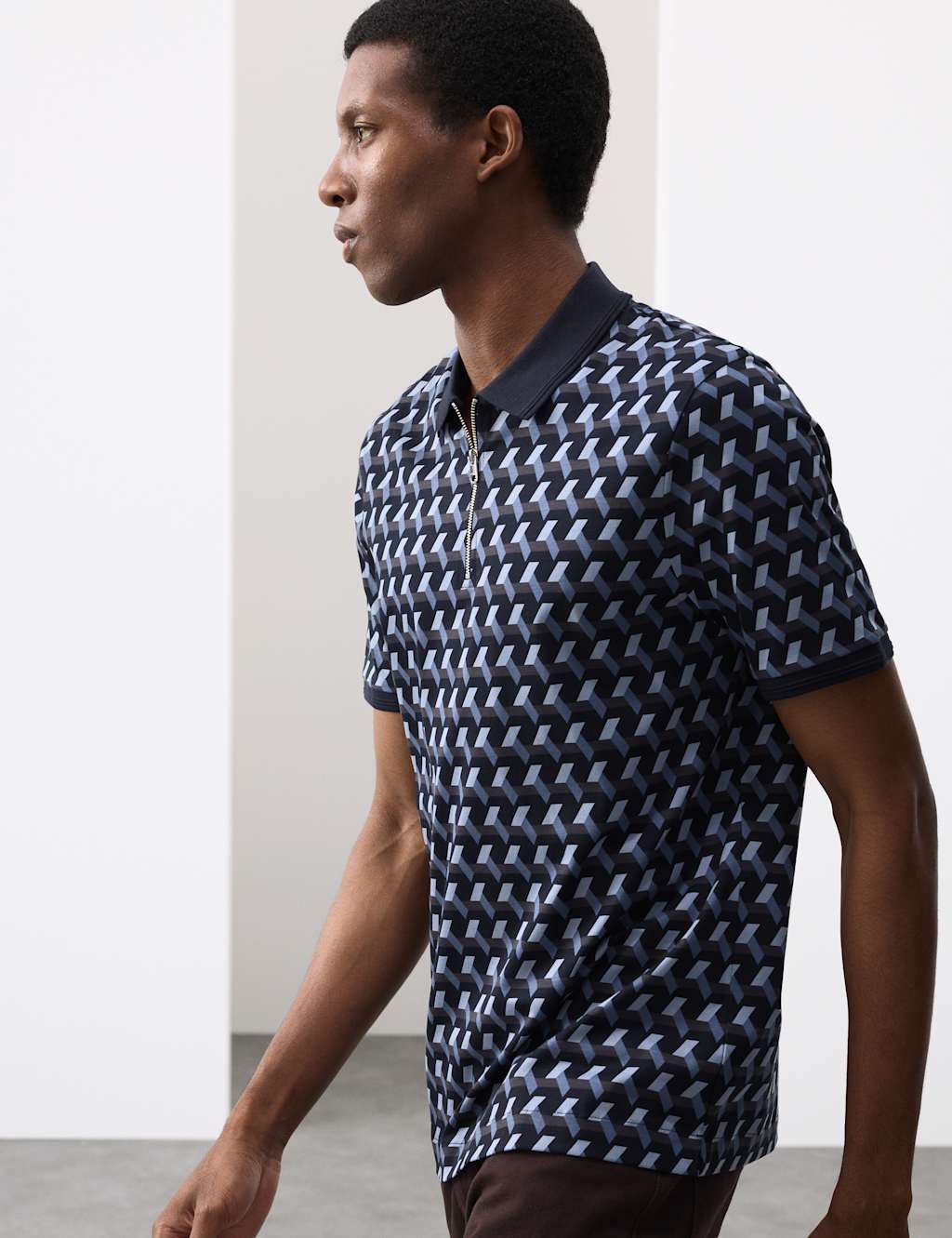 Autograph Pure Supima Cotton Geometric Polo Mid Blue