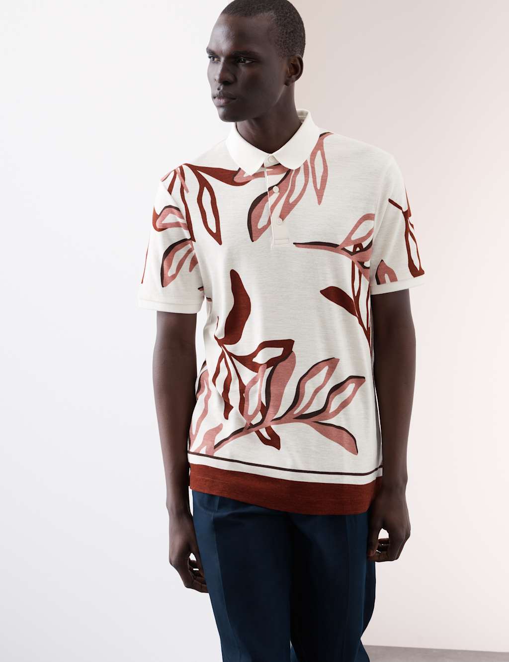 Linen Blend Floral Print Polo Shirt