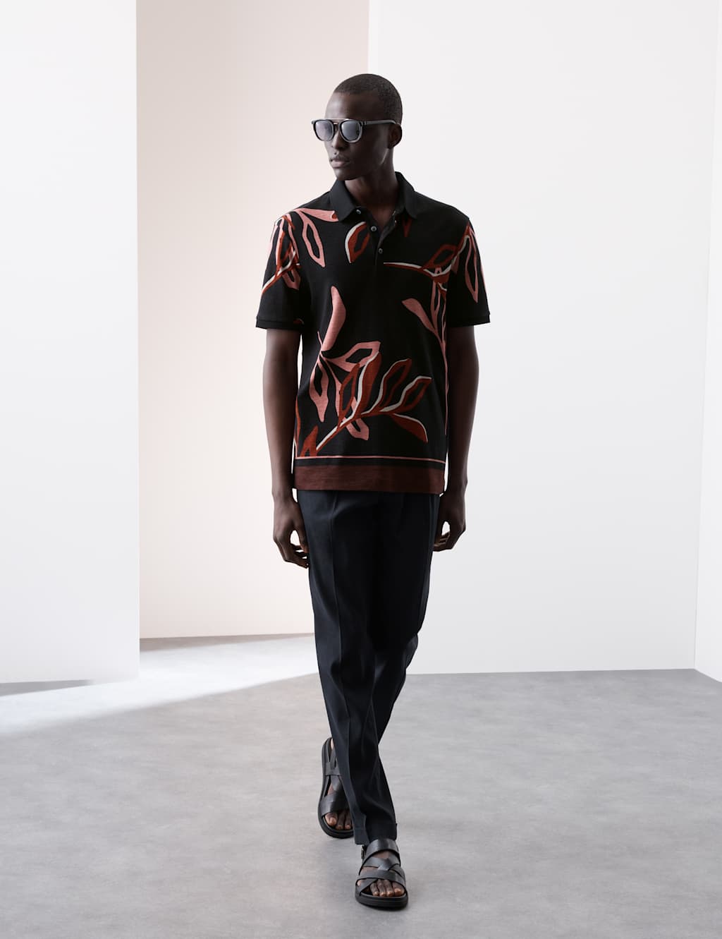 Linen Blend Floral Print Polo Shirt