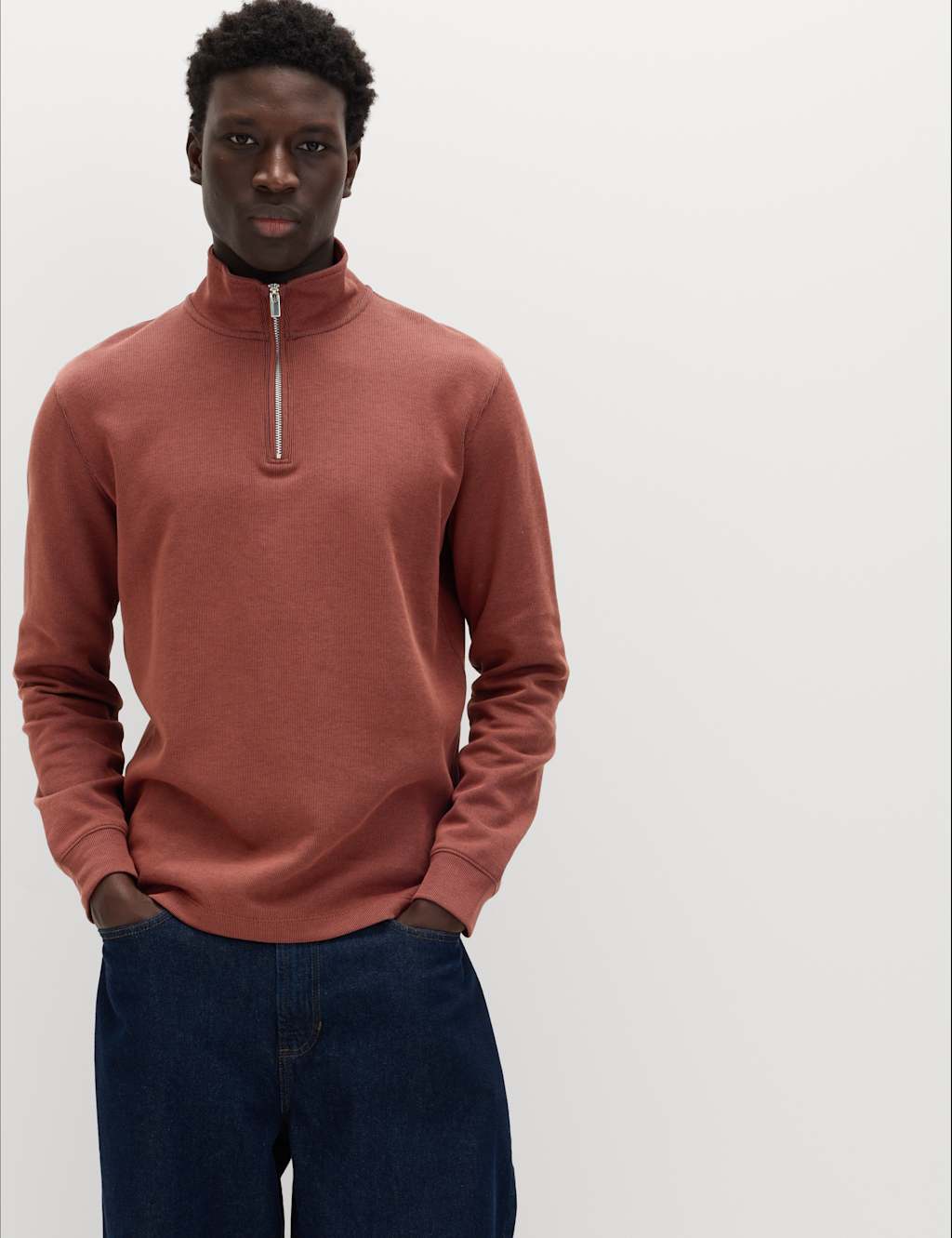 M&S Cotton Rich Double Knit Half Zip Sweatshirt Paprika
