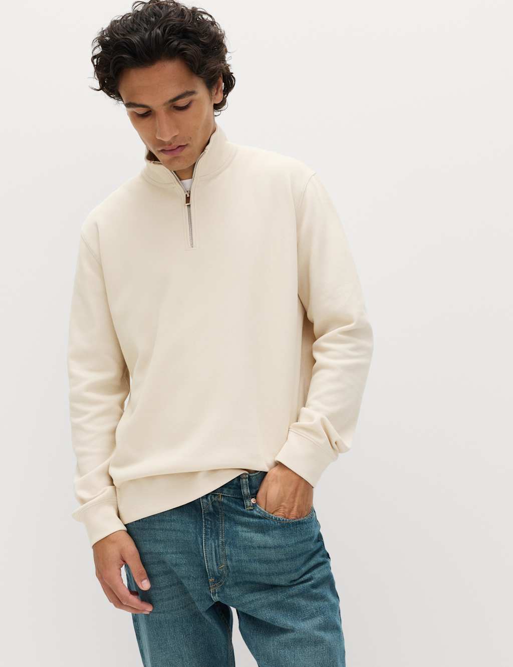 M&S Men's Cotton Rich Double Knit Half Zip Sweatshirt - 3XL - Ecru