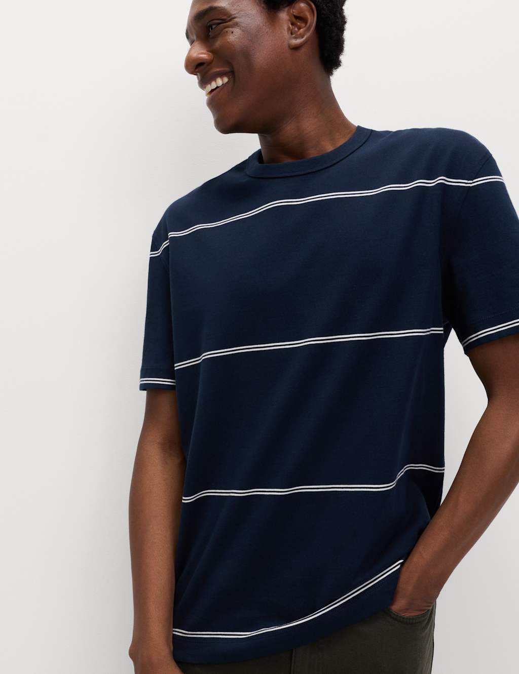 M&S Pure Cotton Striped Relaxed Crew Neck T-Shirt Navy