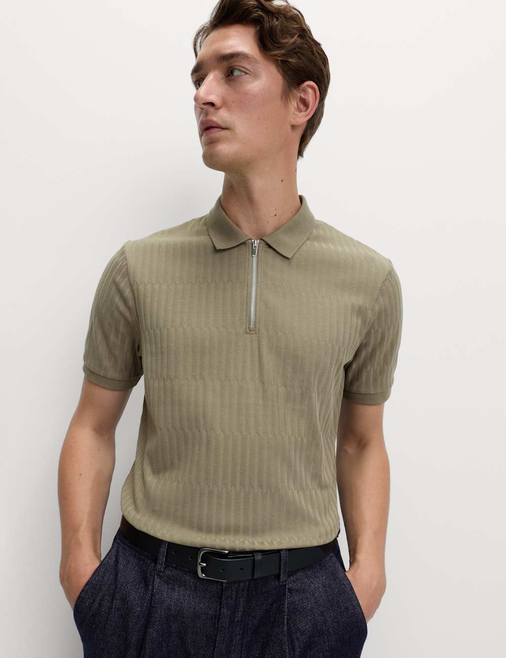 M&S Cotton Rich Jacquard Zip Up Polo Shirt Thyme
