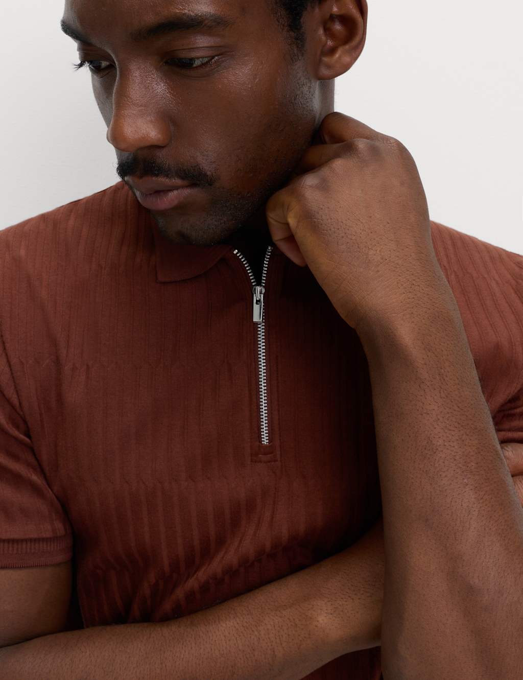 M&S Cotton Rich Jacquard Zip Up Polo Shirt Conker