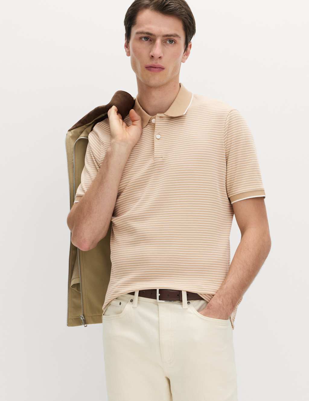 M&S Men's Pure Cotton Striped Polo Shirt - XL - Sand