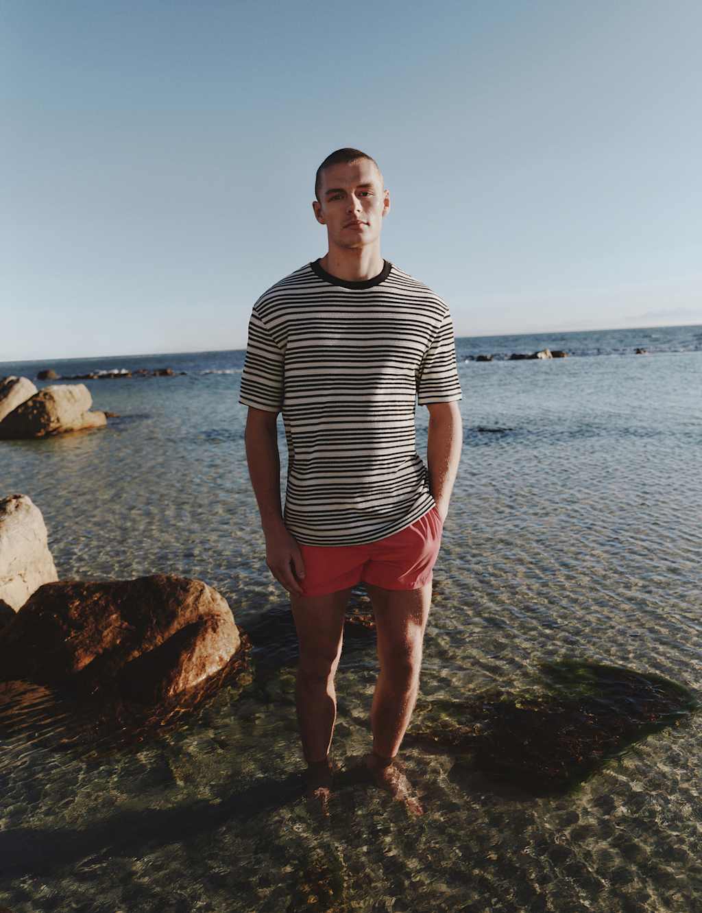 M&S Men's Relaxed Fit Cotton Rich Textured Striped T-Shirt - 3XL - Ecru