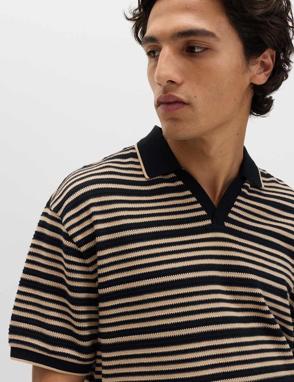 M&S Men's Relaxed Fit Cotton Rich Textured Polo Shirt - L - Black Mix