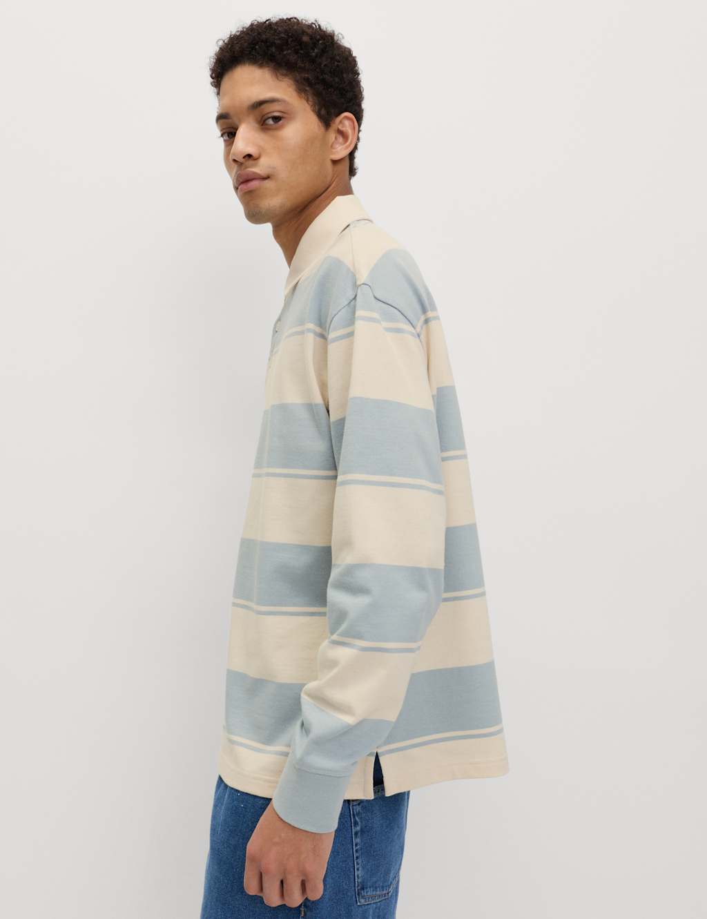 M&S Men's Pure Cotton Striped Rugby Shirt - L - Soft Blue