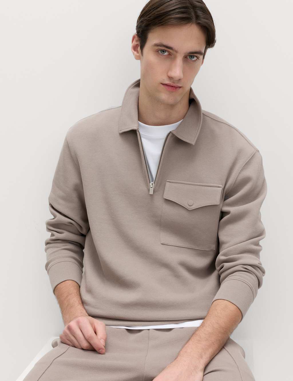 M&S Men's Cotton Blend Pique Half Zip Top - M - Mushroom