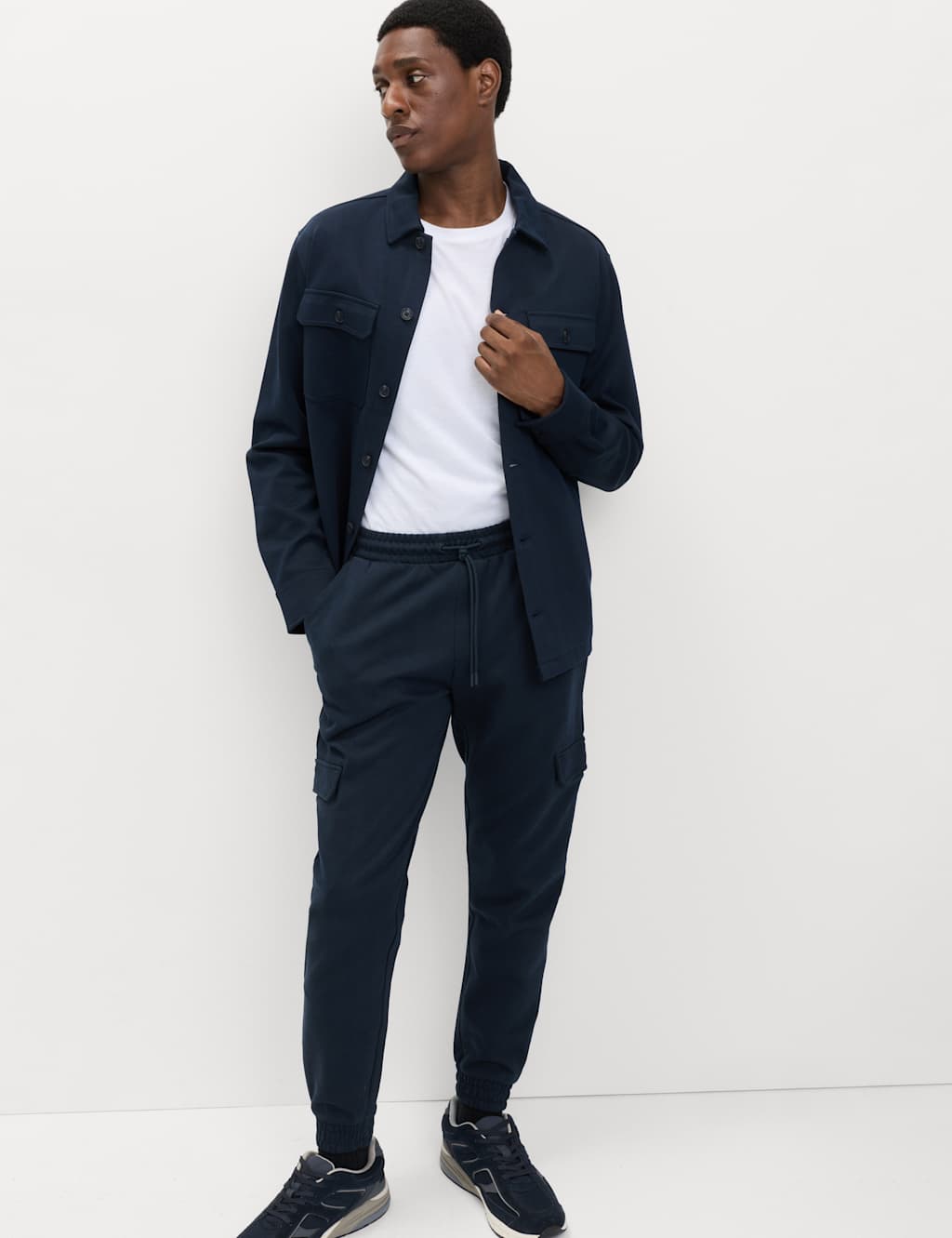 M&S Regular Fit Herringbone Cargo Joggers Navy