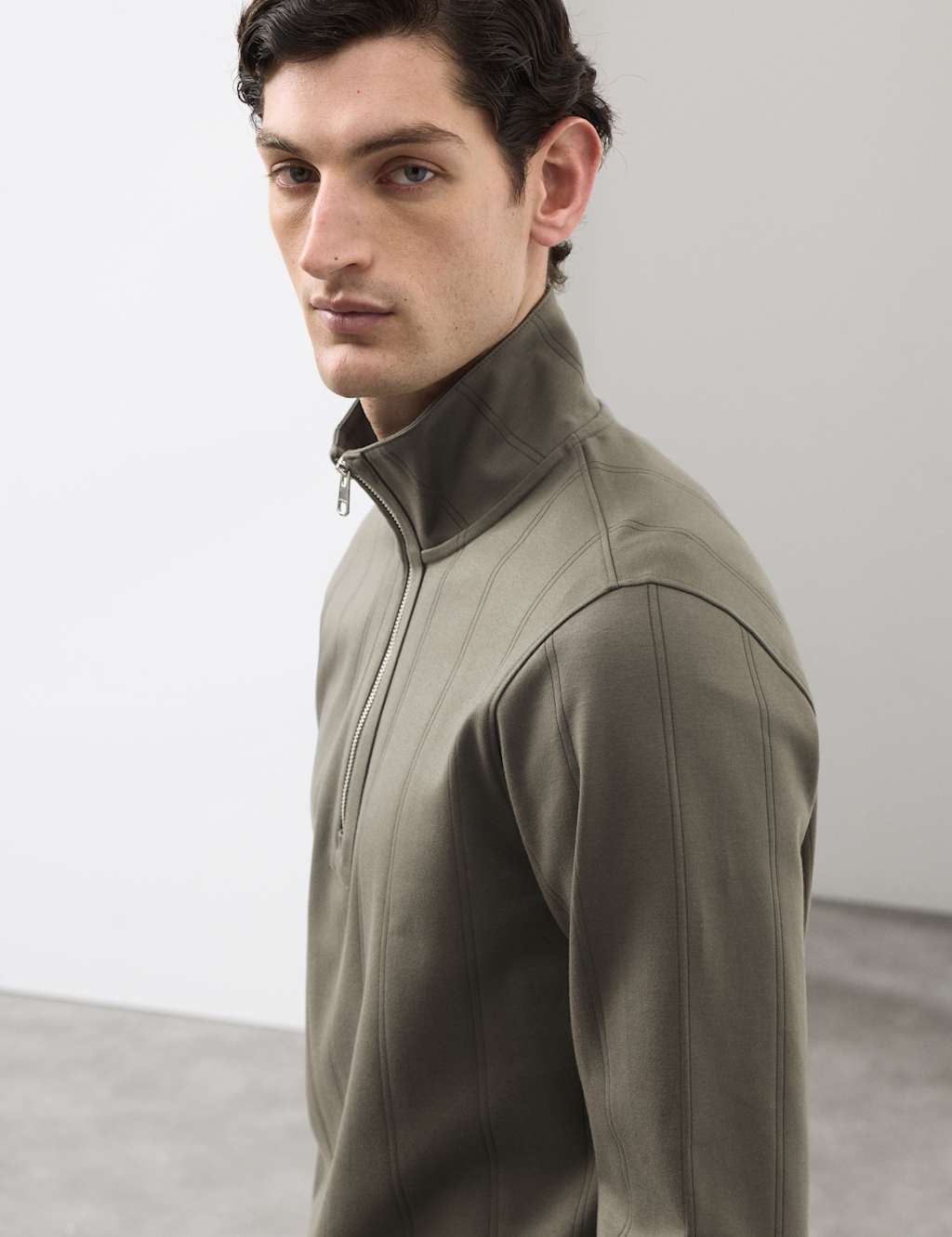 Autograph Men's Pure Cotton Textured Striped Half Zip Jacket - M - Dark Olive