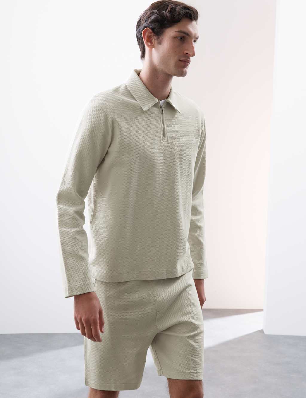 Cotton Rich Waffle Half Zip Long Sleeve Top