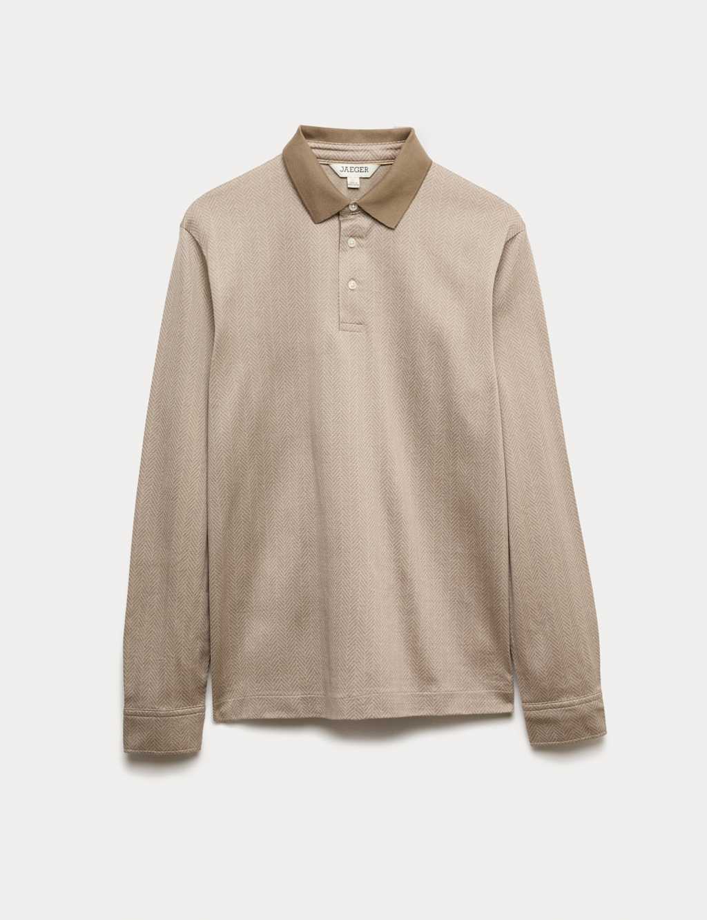 JAEGER Pure Cotton Textured Long Sleeve Polo Shirt Buff