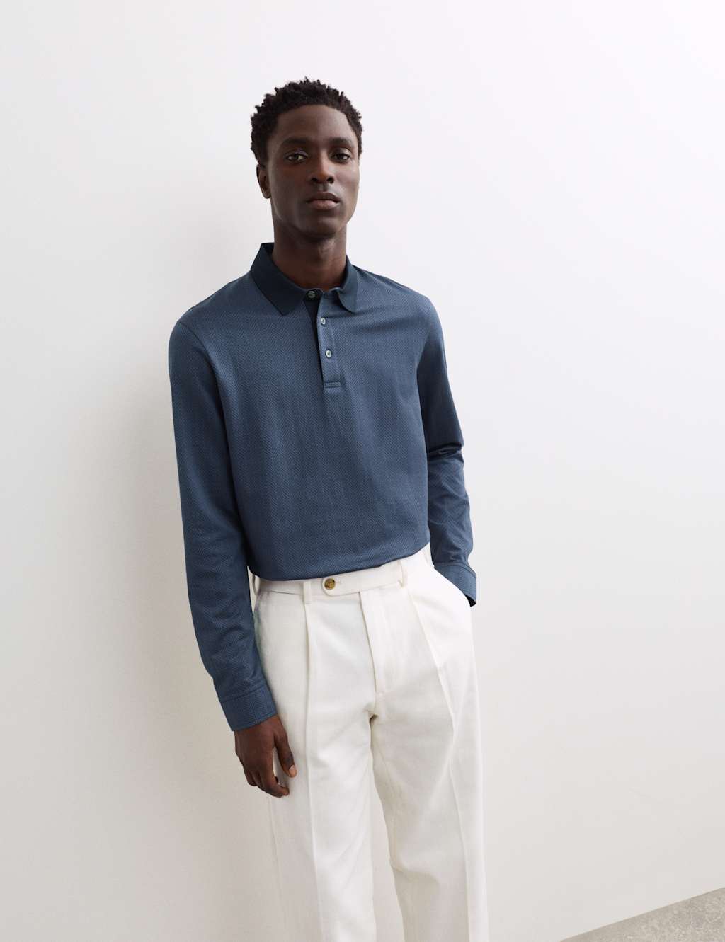 JAEGER Pure Cotton Textured Long Sleeve Polo Shirt Dark Navy