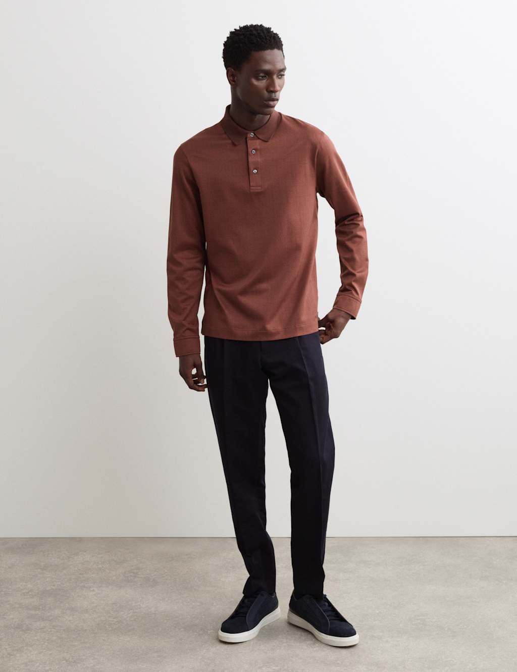 JAEGER Pure Cotton Textured Long Sleeve Polo Shirt Rum