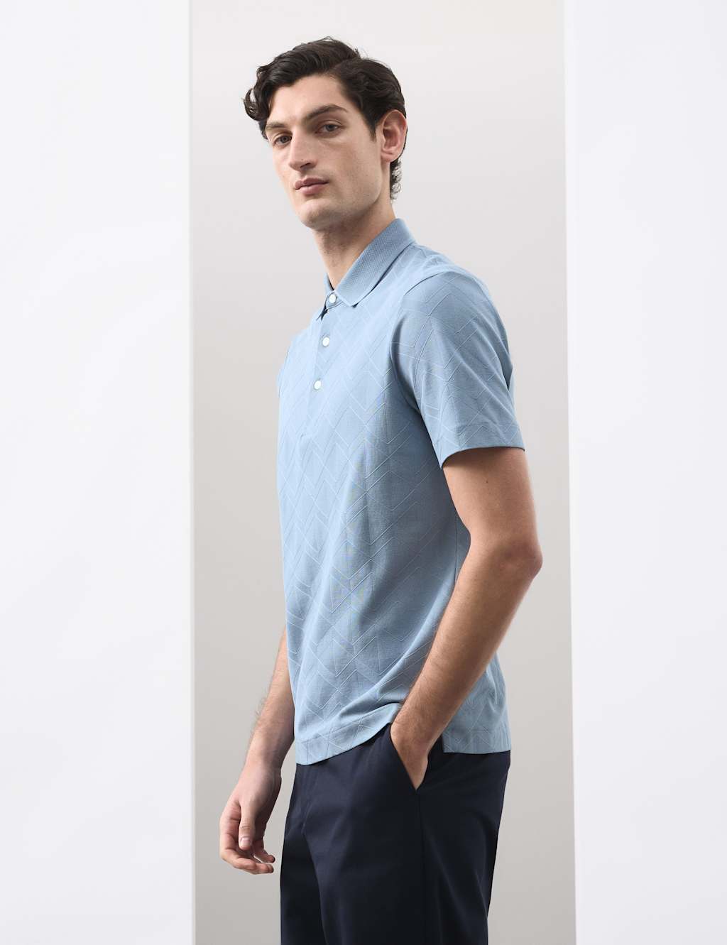 Autograph Men's Pure Cotton Textured Polo Shirt - M - Light Blue