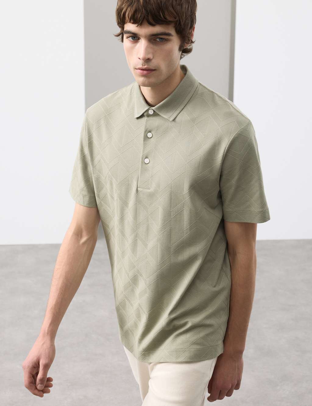 Autograph Men's Pure Cotton Textured Polo Shirt - L - Light Olive