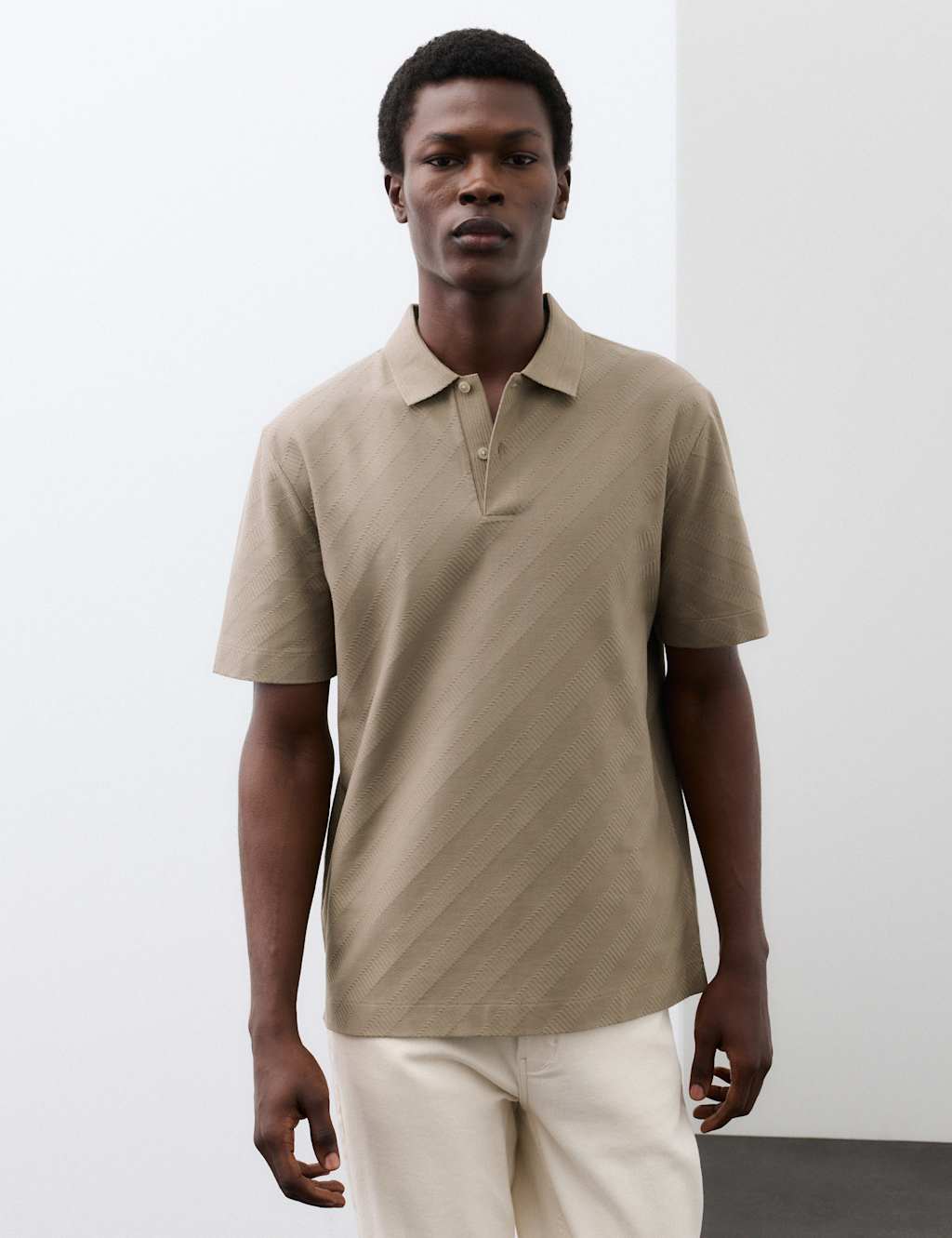 Autograph Men's Pure Cotton Textured Jacquard Button Polo Shirt - XL - Sable