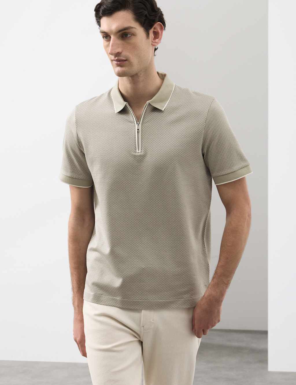 Autograph Men's Pure Supima CottonJacquard Zip Up Polo Shirt - L - Light Olive