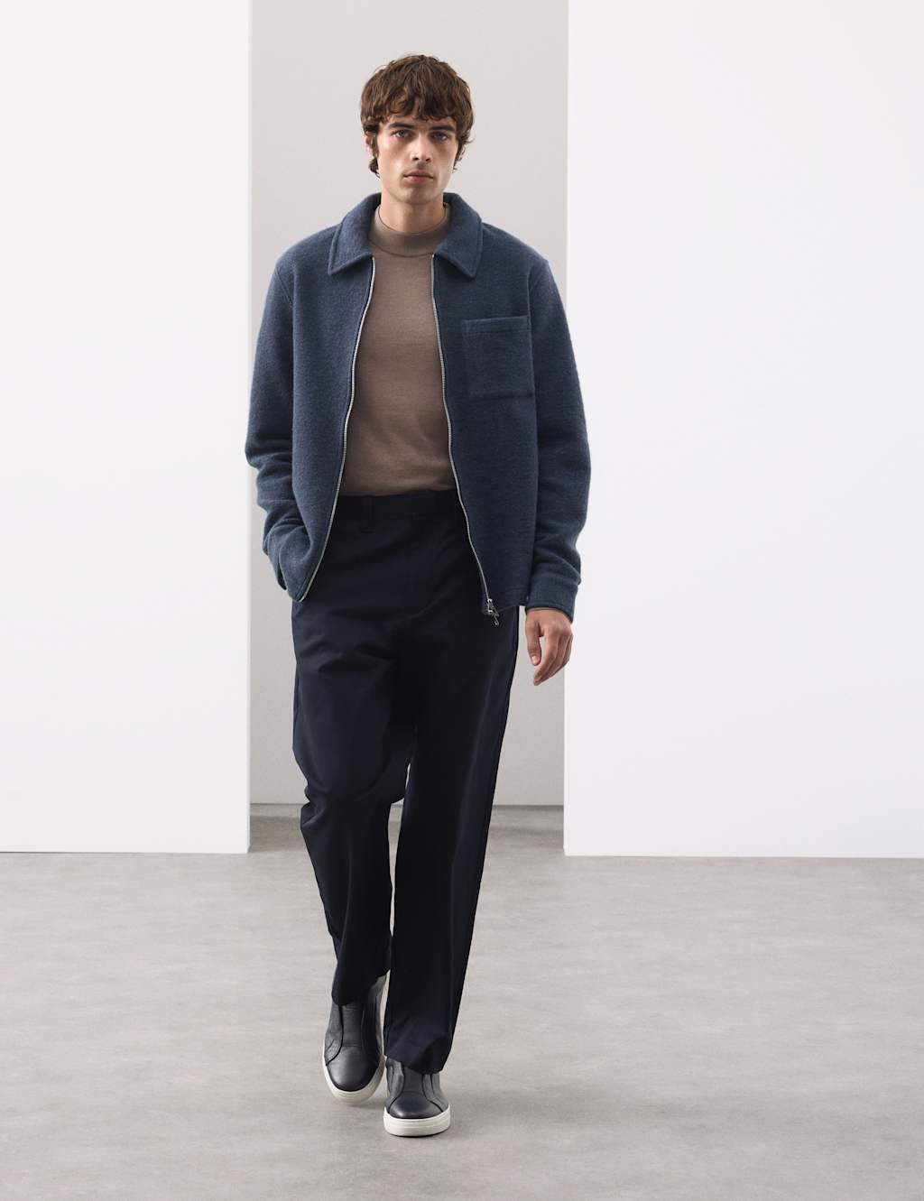 Autograph Wool Blend Zip up Fleece Jacket Dark Ink