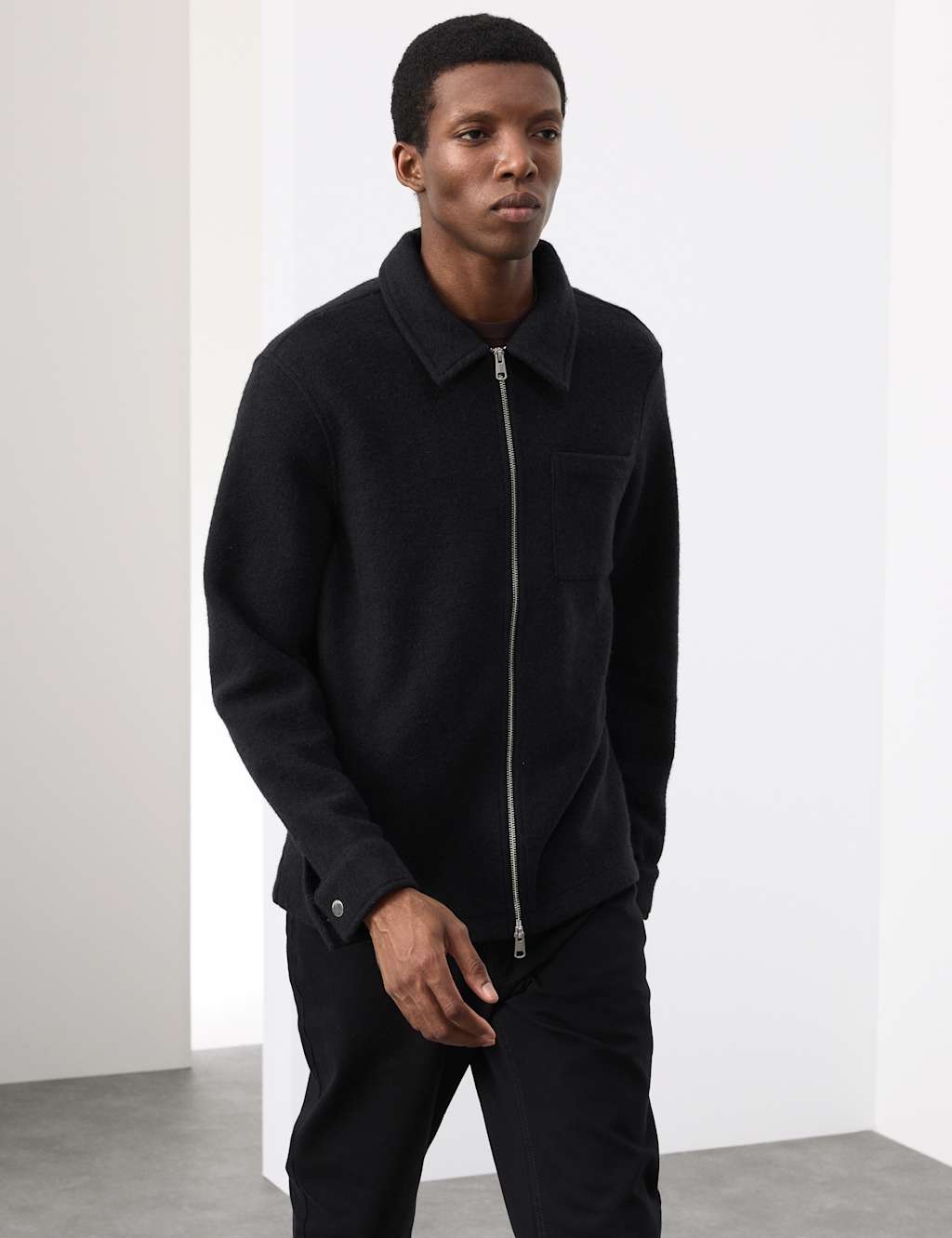 Autograph Wool Blend Zip up Fleece Jacket Black