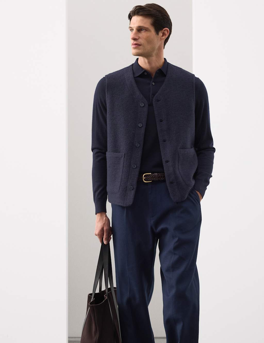 Autograph Wool Blend Textured Fleece Gilet Dark Navy