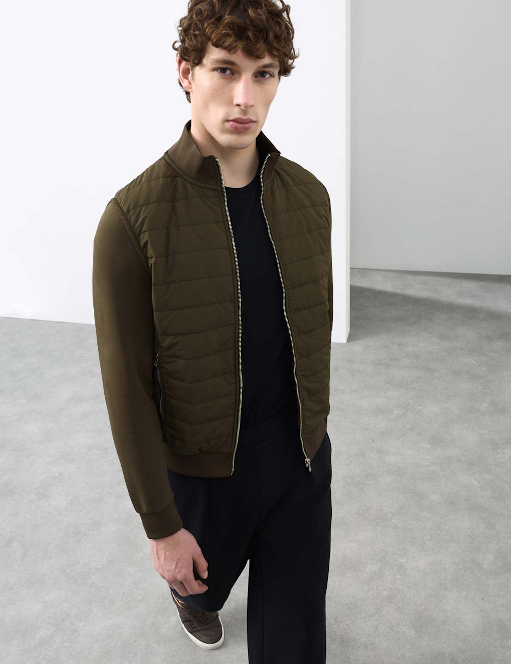 Autograph Cotton Rich Zip Up Quilted Jacket Dark Khaki