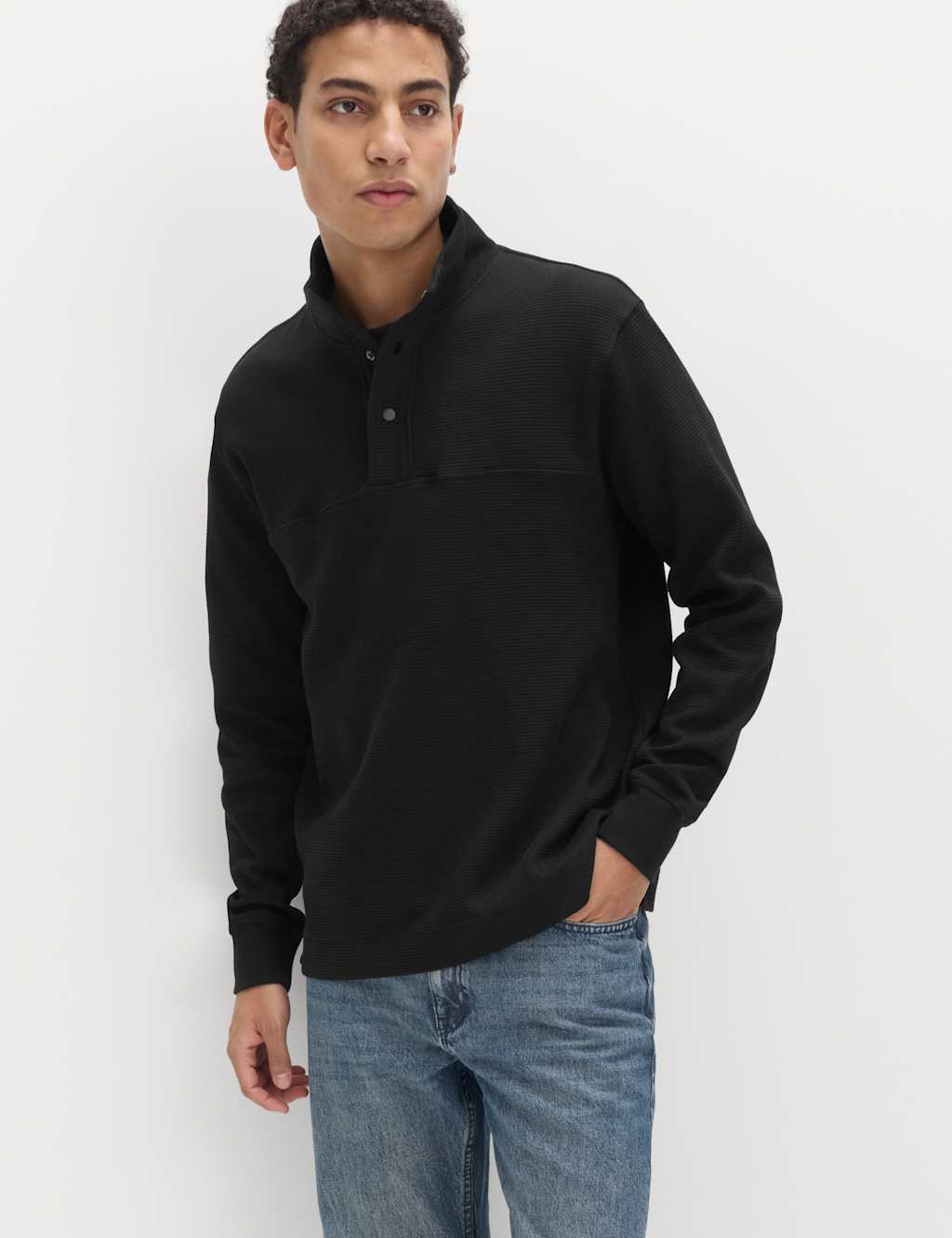 M&S Cotton Rich Waffle Funnel Neck Sweatshirt Black