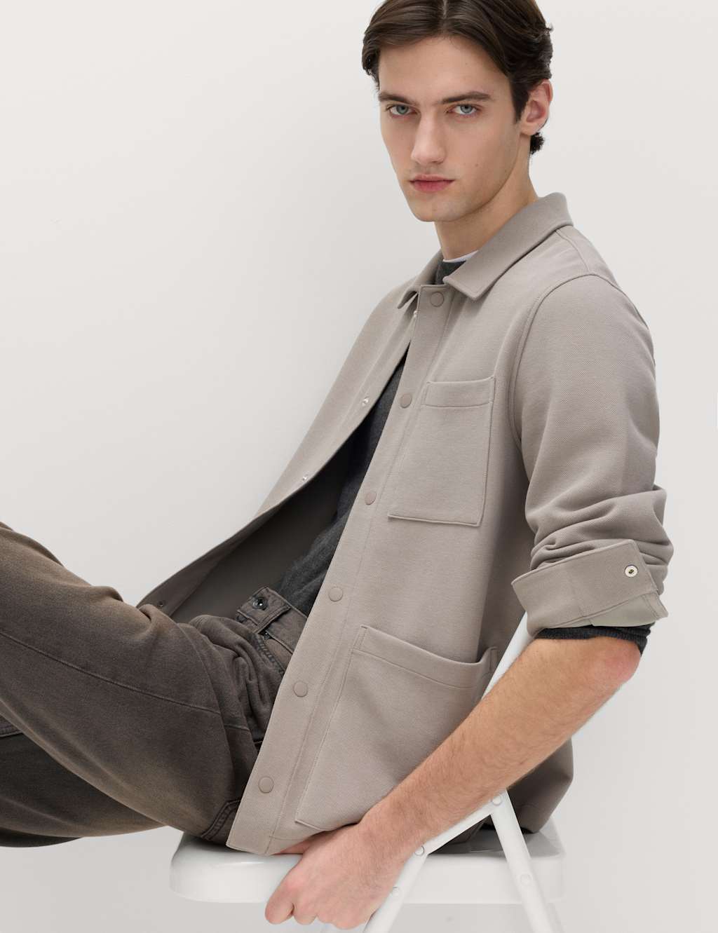 M&S Men's Cotton Blend Pique Overshirt - S - Mushroom