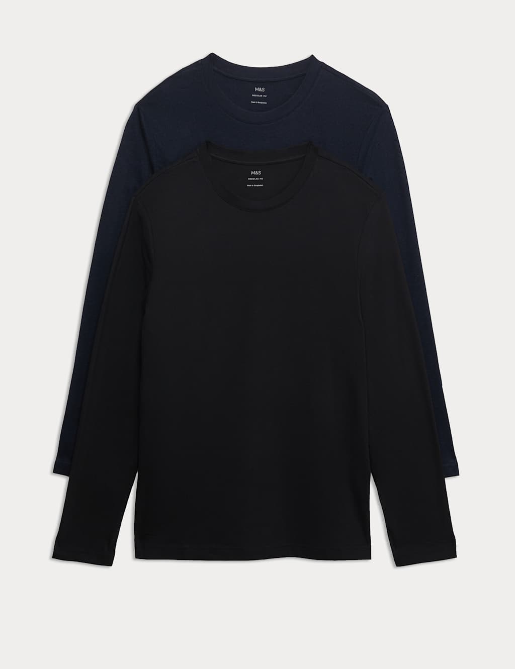 M&S Men's 2 Pack Pure Cotton Long Sleeve T-Shirts - L - Navy Mix