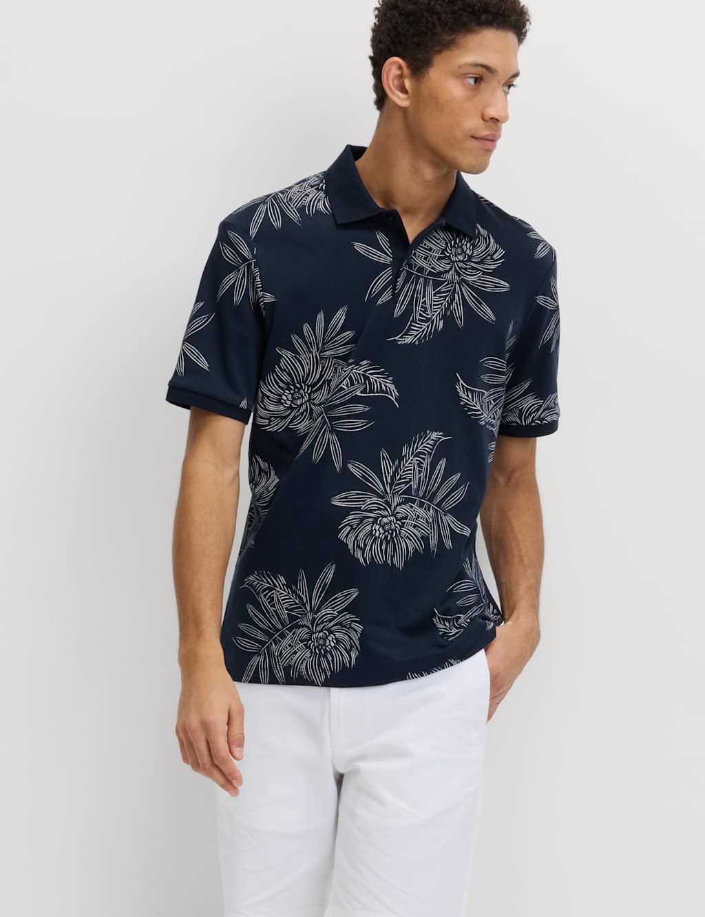M&S Men's Pure Cotton Leaf Print Polo Shirt - S - Navy