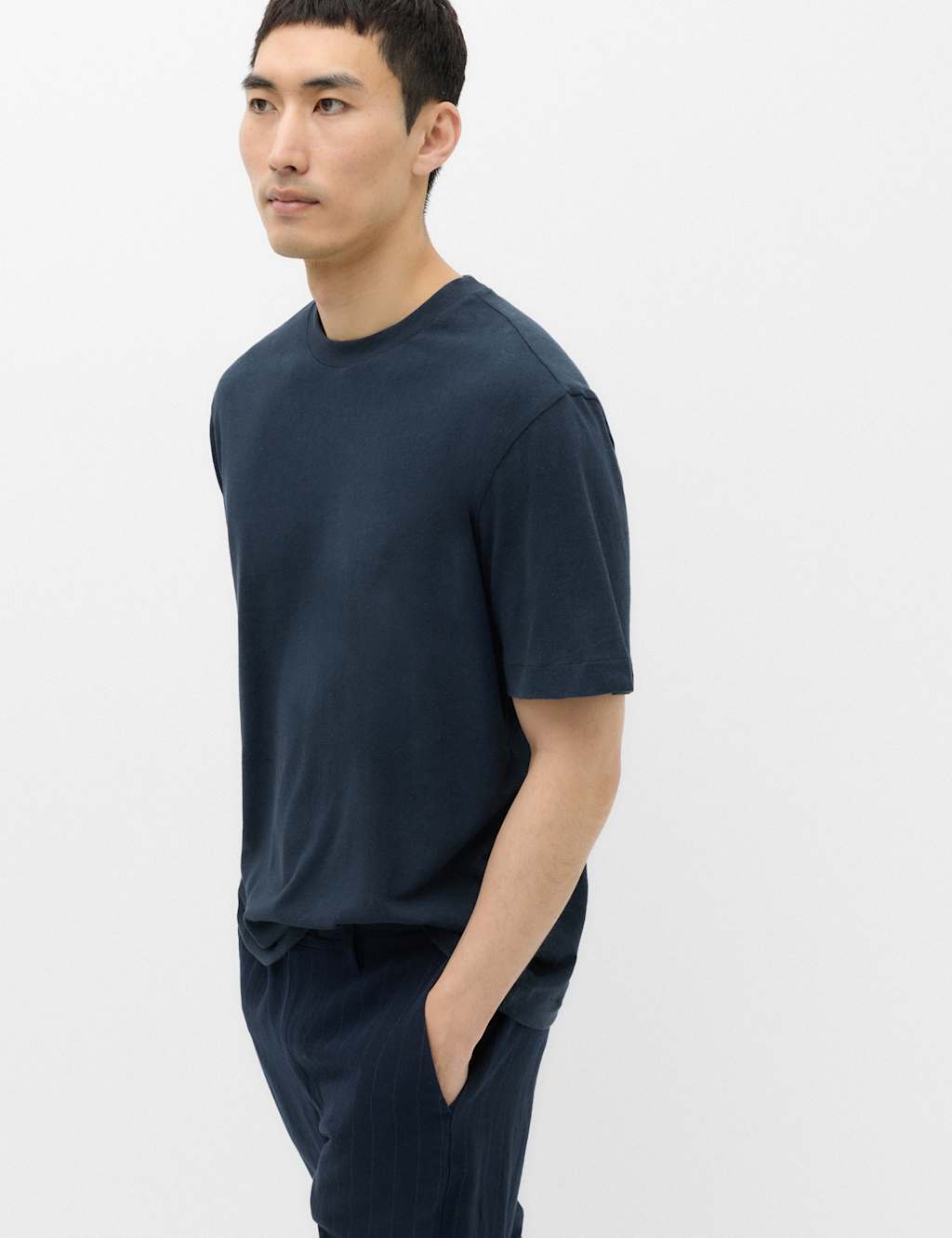 M&S Men's Relaxed Fit Linen T-Shirt - M - Navy