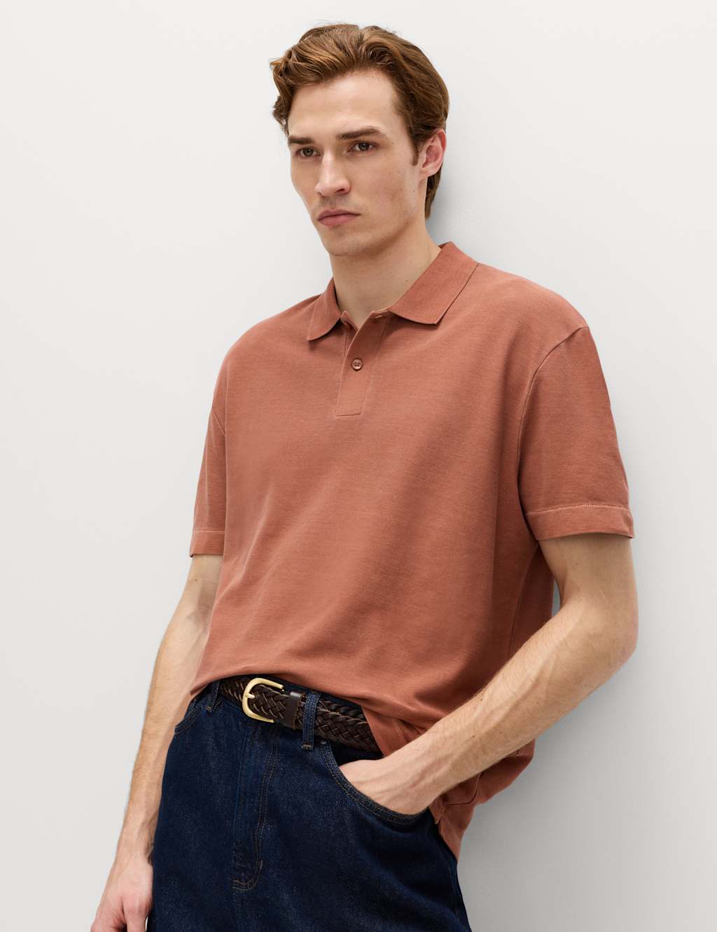 M&S Men's Pure Cotton Garment Dyed Polo Shirt - L - Rust