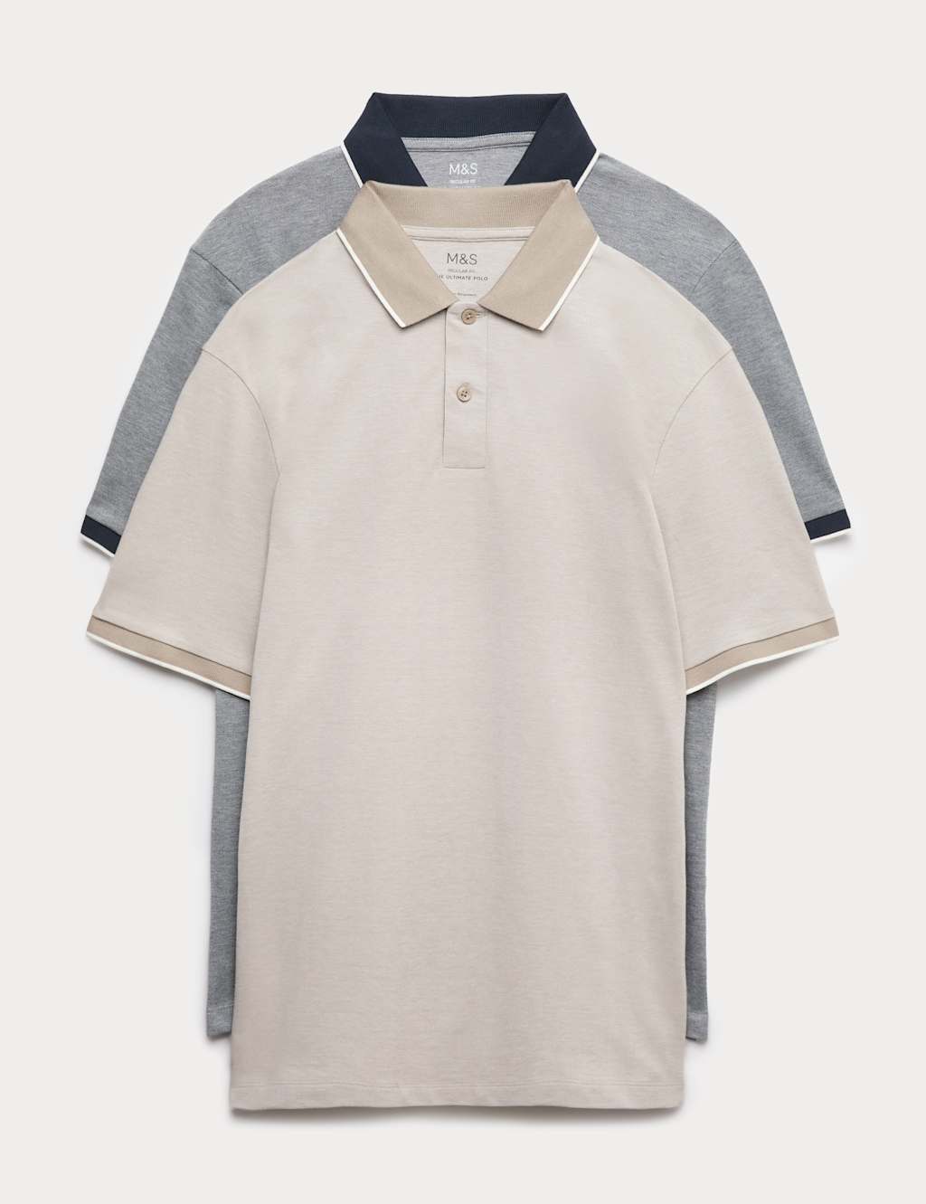 M&S Men's 2 Pack Cotton Rich Tipped Polo Shirts - L - Ecru Mix