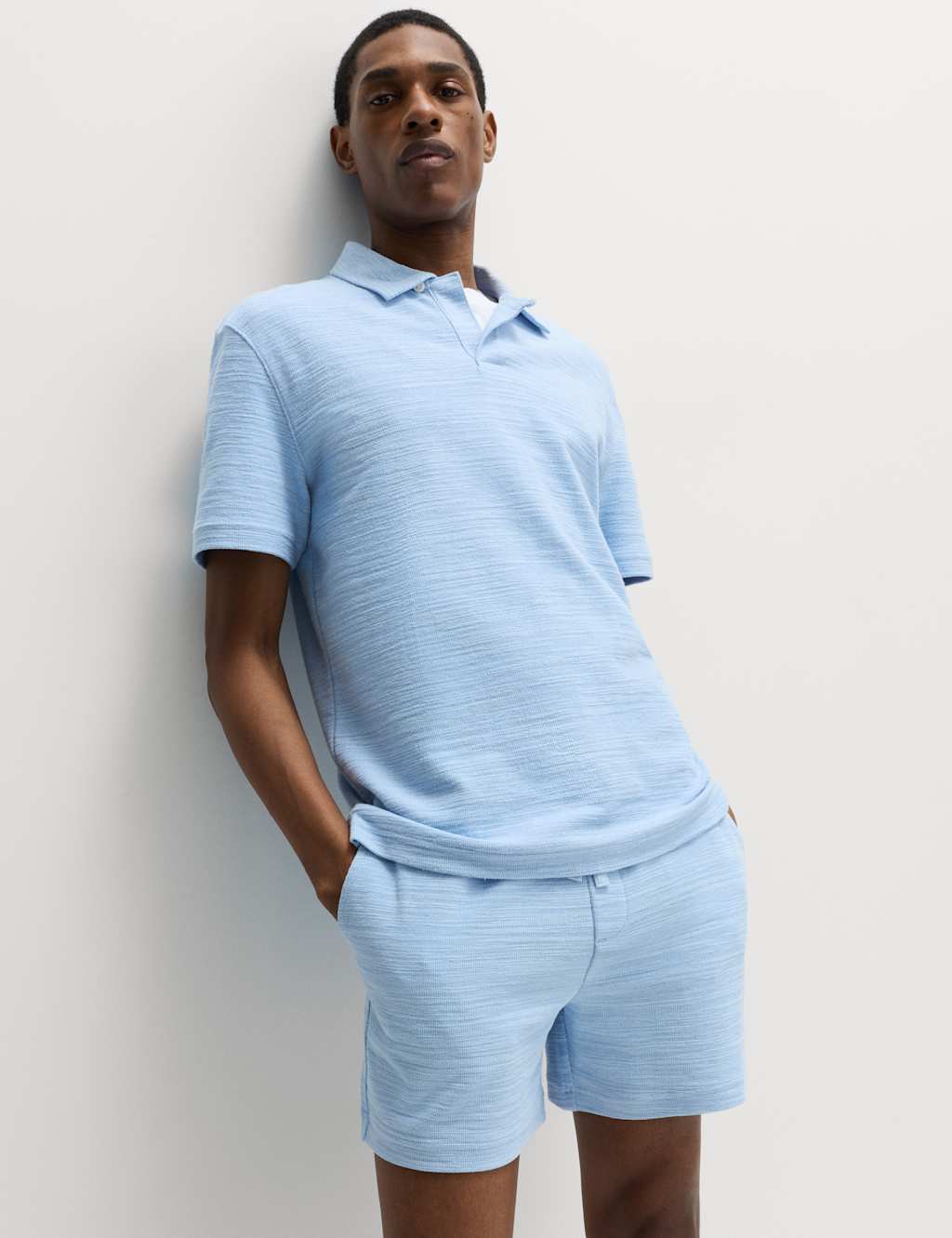 M&S Men's Cotton Rich Notch Neck Boucle Polo Shirt - 2XL - Powder Blue