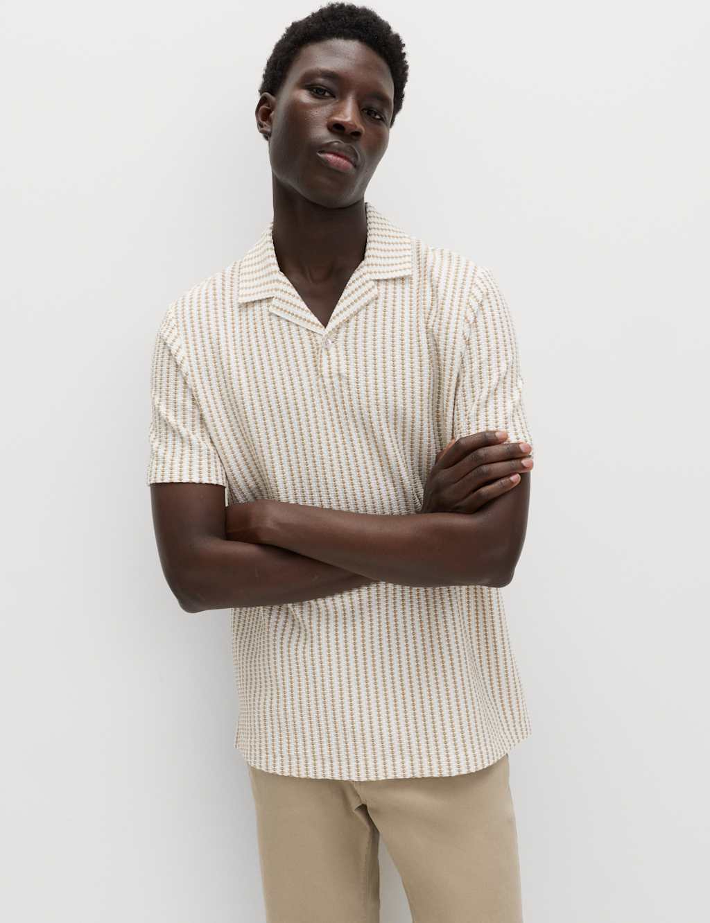 M&S Men's Cotton Rich Jersey Geometric Polo Shirt - XL - Ivory