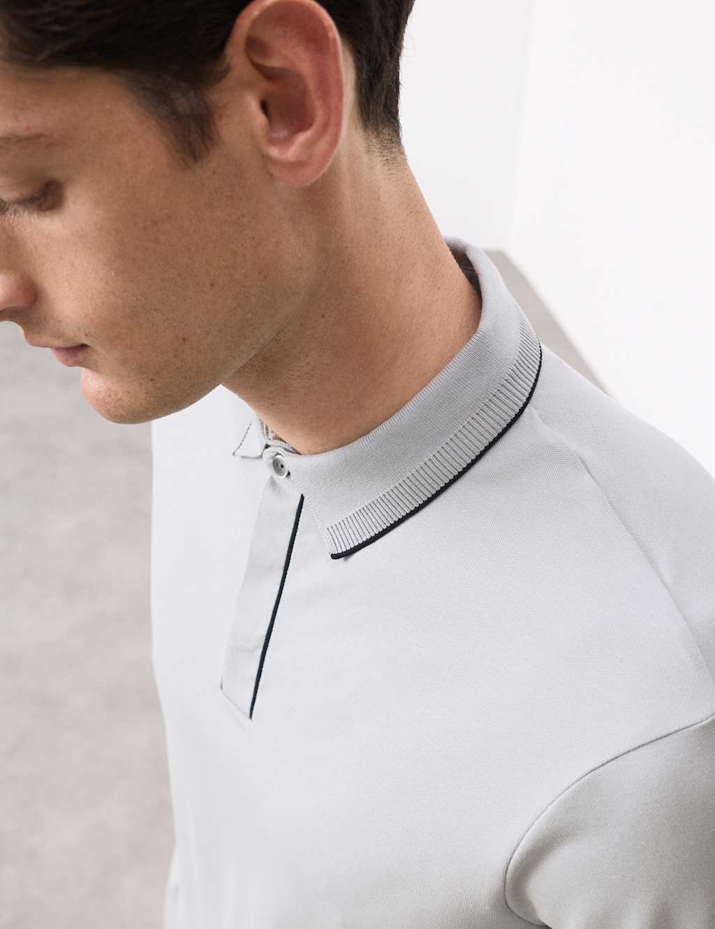 Autograph Cotton Blend Long Sleeve Polo Shirt Silver Grey