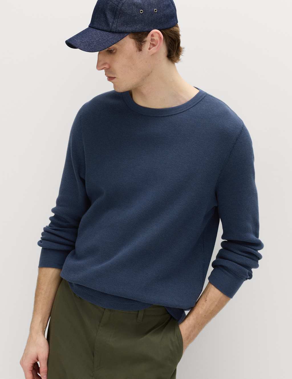 M&S Men's Pure Cotton 2-Tone Waffle Sweatshirt - S - Navy